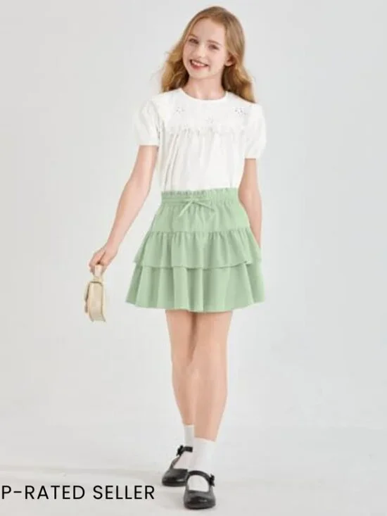 Ruffle Tiered Mini Skort High Waist Flowy Tennis Golf Skirt Girls Adjustable - Picture 3 of 7